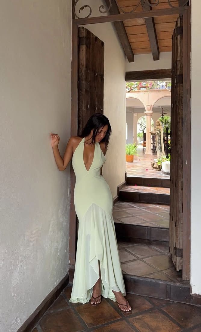 Elegant Light Green Mermaid Halterneck Chiffon Long Prom Dress Evening Dress cc4790