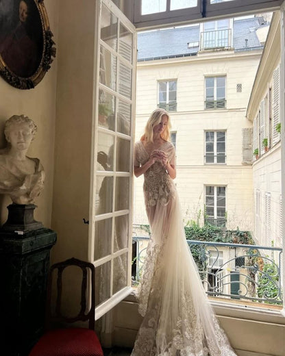 Luxury Palace Nude Pink Mermaid Trailing V-Neck Lace Tulle Prom Dress Evening Dress cc4791