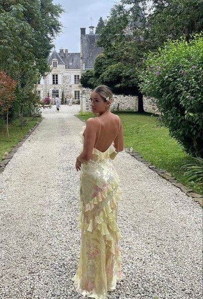 Charming Floral V-neck Spaghetti Strap Ruffle Mermaid Long Prom Dress Party Dress Evening Dress HZ1024