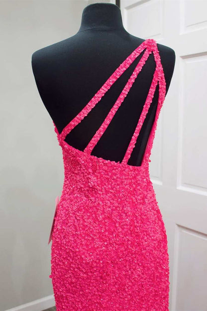 Glitter One Shoulder Hot Pink Sequins Mermaid Prom Dress with Slit
