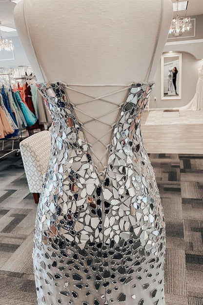 Mermaid Silver V-Neck Mirror-Cut Sequins Long Formal Dress with Slit
