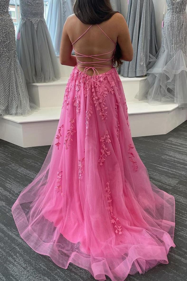 A-Line Pink V-Neck Lace Appliques Long Formal Dress with Slit