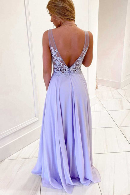 Lavender Chiffon A-line Illusion V-Neck Empire-Waist Sleeveless Long Formal Dress