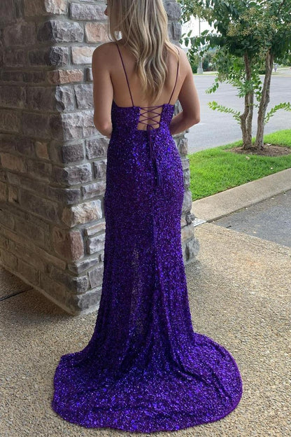 Spaghetti Straps V-Neck Sequined Mermaid Prom Formal Dress