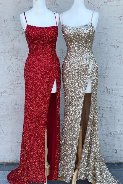 Spaghetti Straps Gold Sequins Mermaid Long Formal Dress