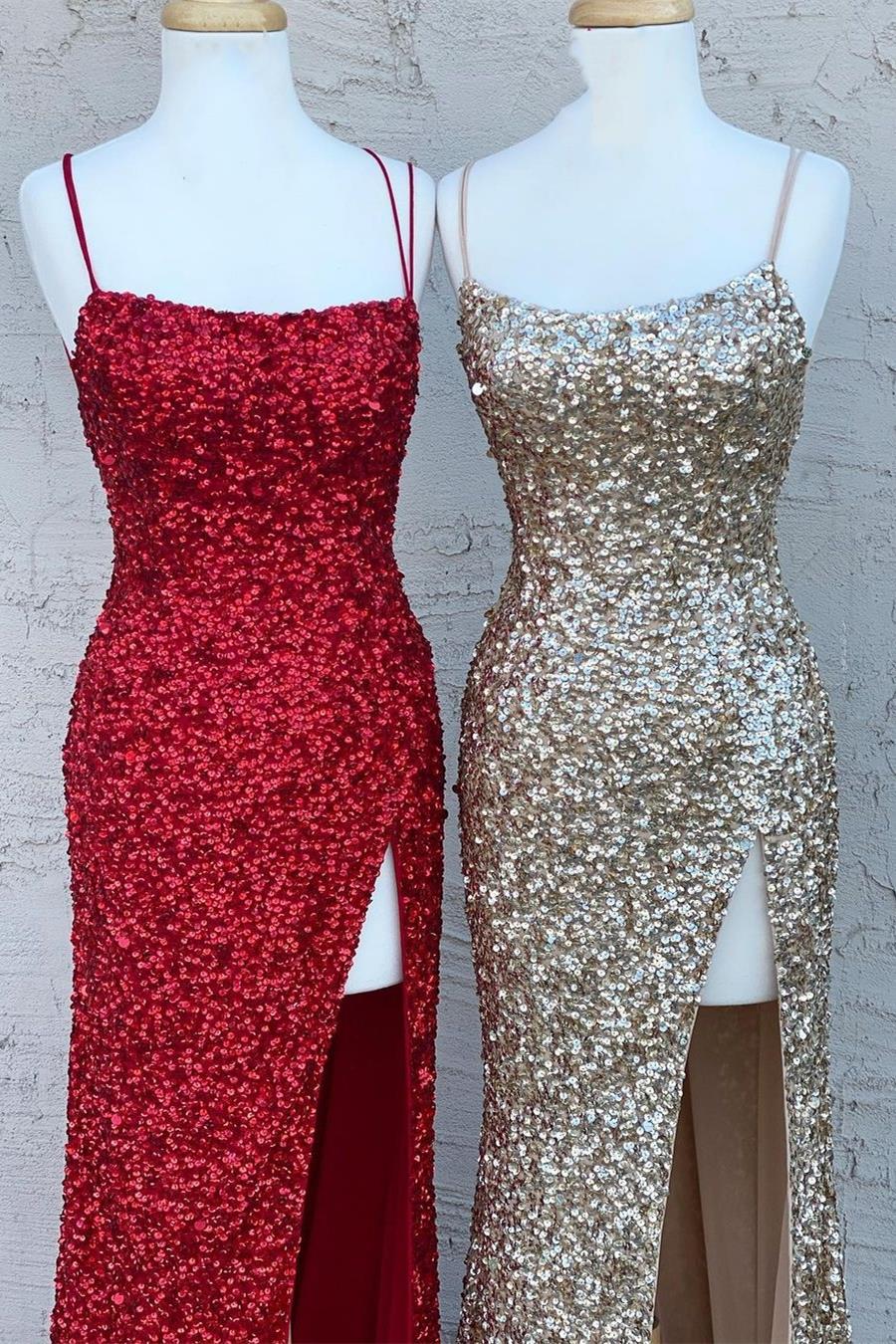 Spaghetti Straps Gold Sequins Mermaid Long Formal Dress