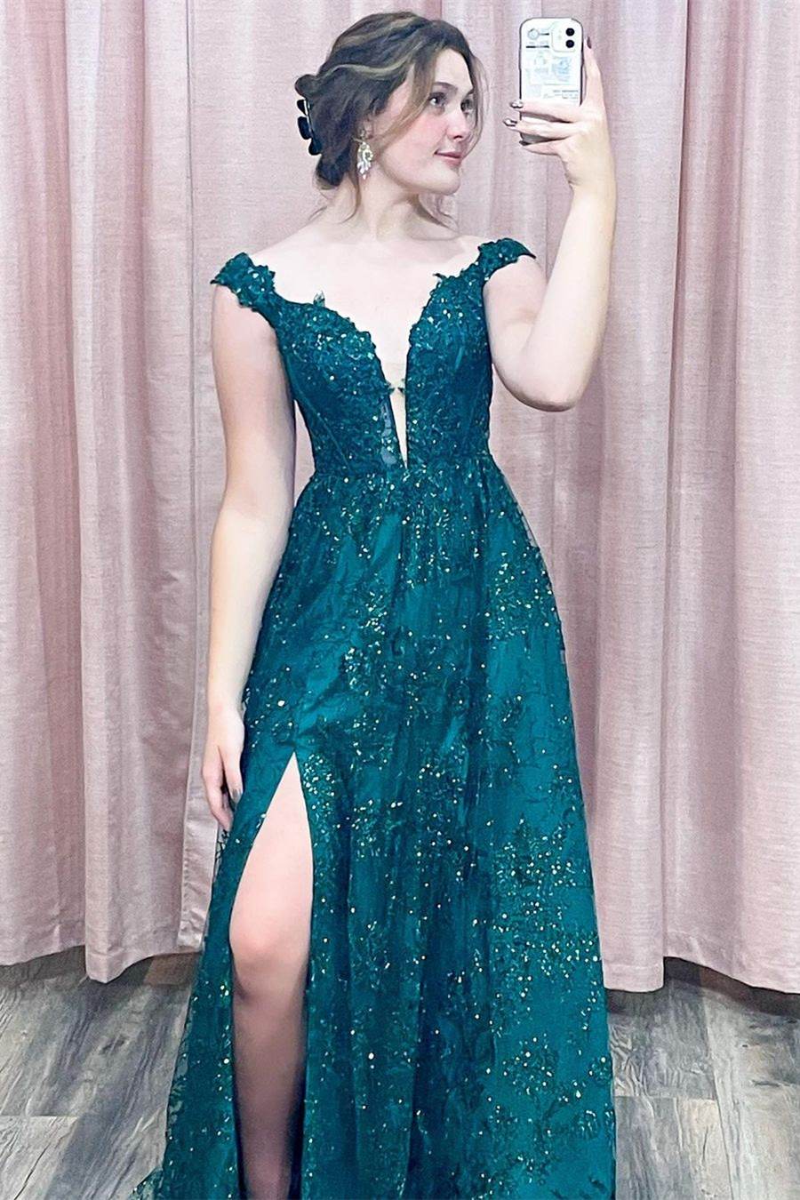 Off the Shoulder V-Neck Appliques A-Line Green Long Formal Dress