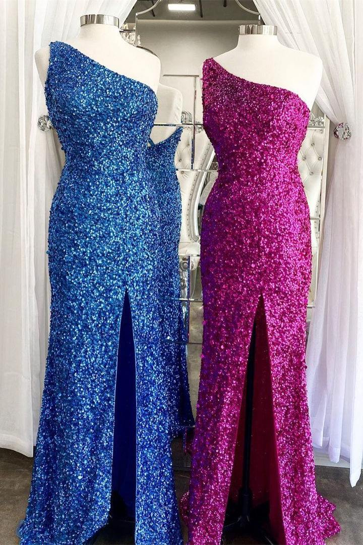One Shoulder Sequins Mermaid Sleeveless Long Formal Prom Dress with Slit