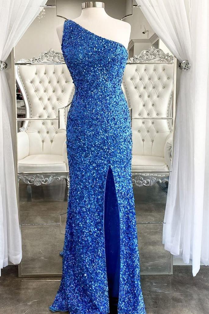 One Shoulder Sequins Mermaid Sleeveless Long Formal Prom Dress with Slit