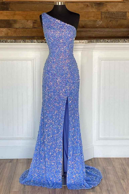 One Shoulder Sequins Mermaid Sleeveless Long Formal Prom Dress with Slit