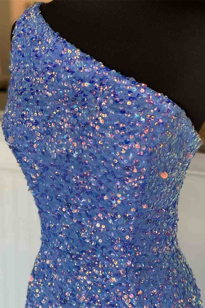 One Shoulder Sequins Mermaid Sleeveless Long Formal Prom Dress with Slit