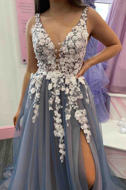 Tulle V-Neck Appliques Backless A-Line Prom Gown