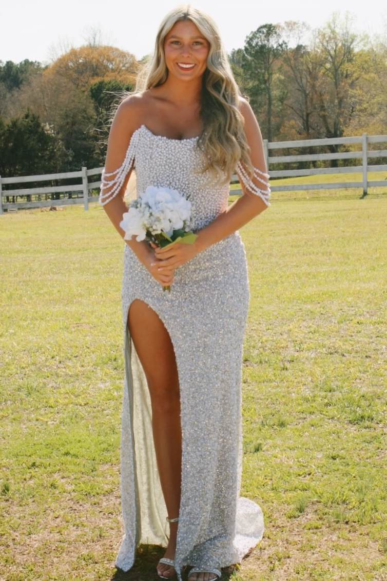 Mermaid Strapless Beaded Scoop Long Prom Dress with Slit