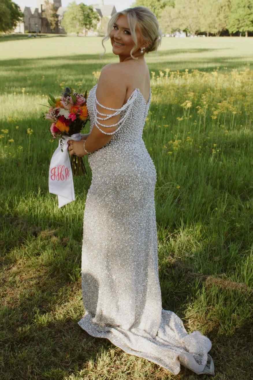 Mermaid Strapless Beaded Scoop Long Prom Dress with Slit