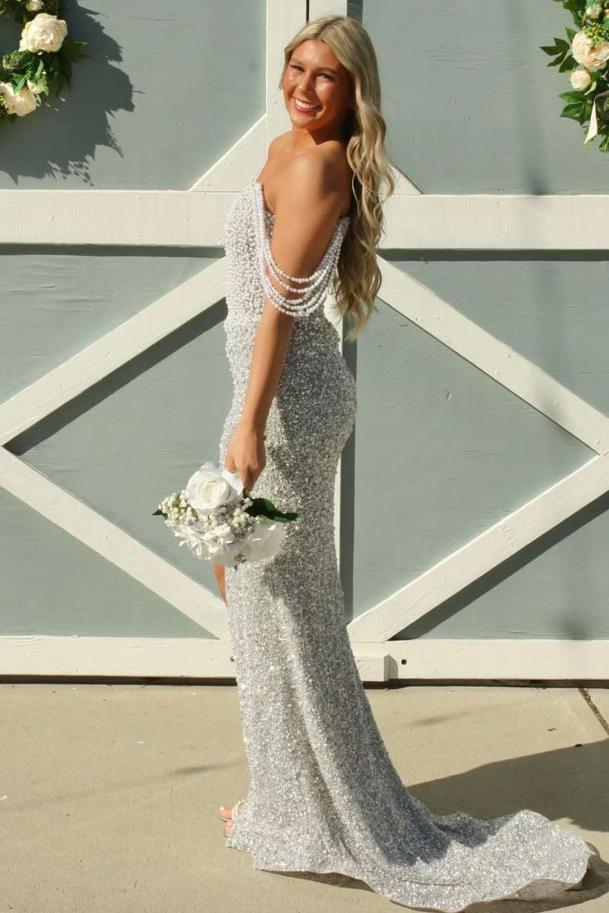 Mermaid Strapless Beaded Scoop Long Prom Dress with Slit