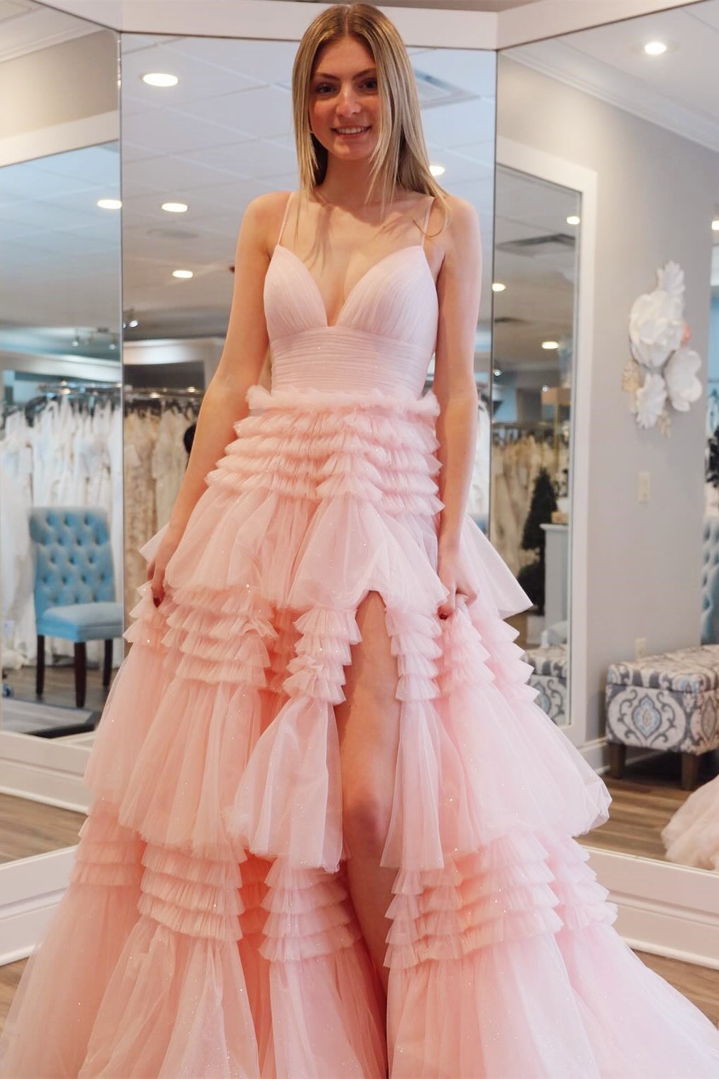 Black Tulle Multi-Tiered V-Neck Long Prom Dress