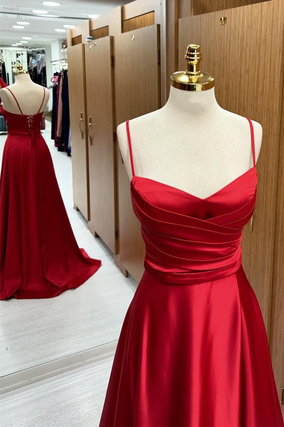 Satin Spaghetti Straps Lace-Up A-Line Bridesmaid Dress