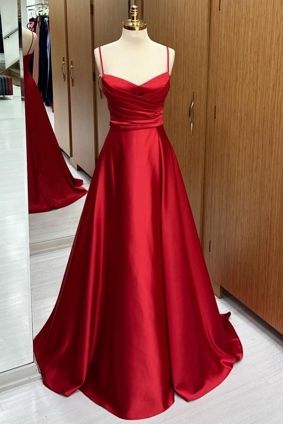 Satin Spaghetti Straps Lace-Up A-Line Bridesmaid Dress