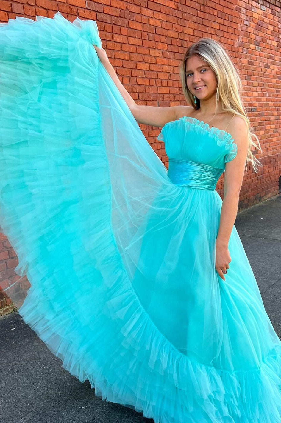 White Organza Strapless Belted A-Line Tiered Prom Dress with Ruffles