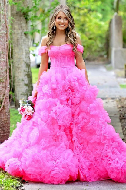 Lavender Tulle Off-the-Shoulder Long Prom Dress with Ruffles