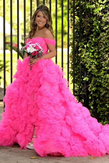 Lavender Tulle Off-the-Shoulder Long Prom Dress with Ruffles