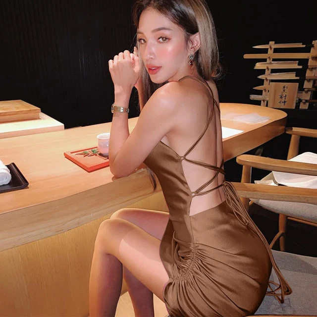 Satin Lace Up Cross Backless Bodycon Dress Sexy Party Dress cc145