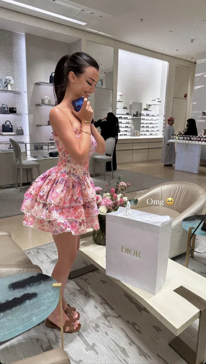 Cute Floral Strapless Design A-line Tiered Party Dress Homecoming Dress HZ1024