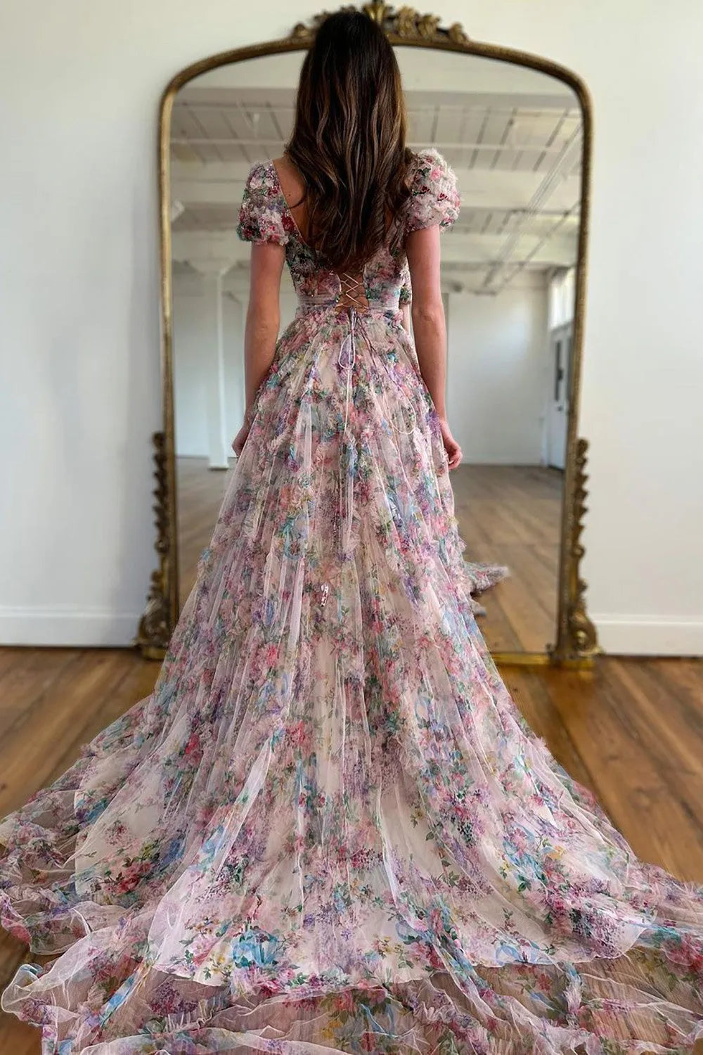 Aimishang Prom Dress A-Line Square Neck Cap Sleeves Print Tulle