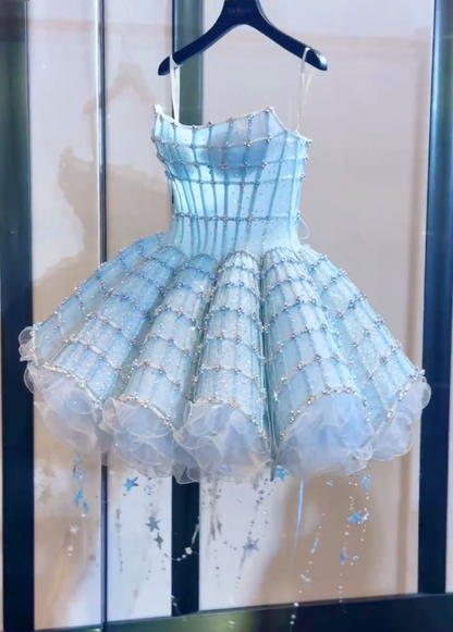 Classy Blue Strapless Tulle Beaded A Line Princess Birthday Dress Formal Homecoming Dress cc3193