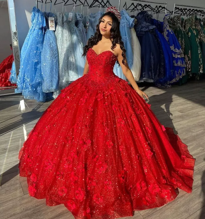 Classy Strapless Red Sequin Tulle Appliques Ball Gown ,Formal Sweet 16 Dress  cc2672