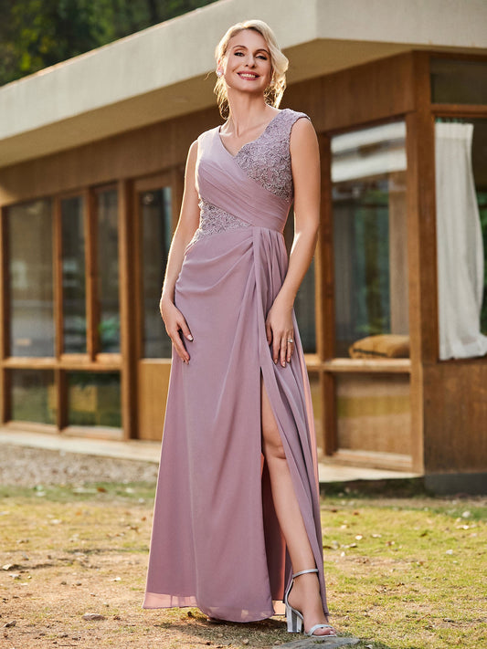V-neck Sleeveless Lace Pleated Long Gown with Slit Dusk