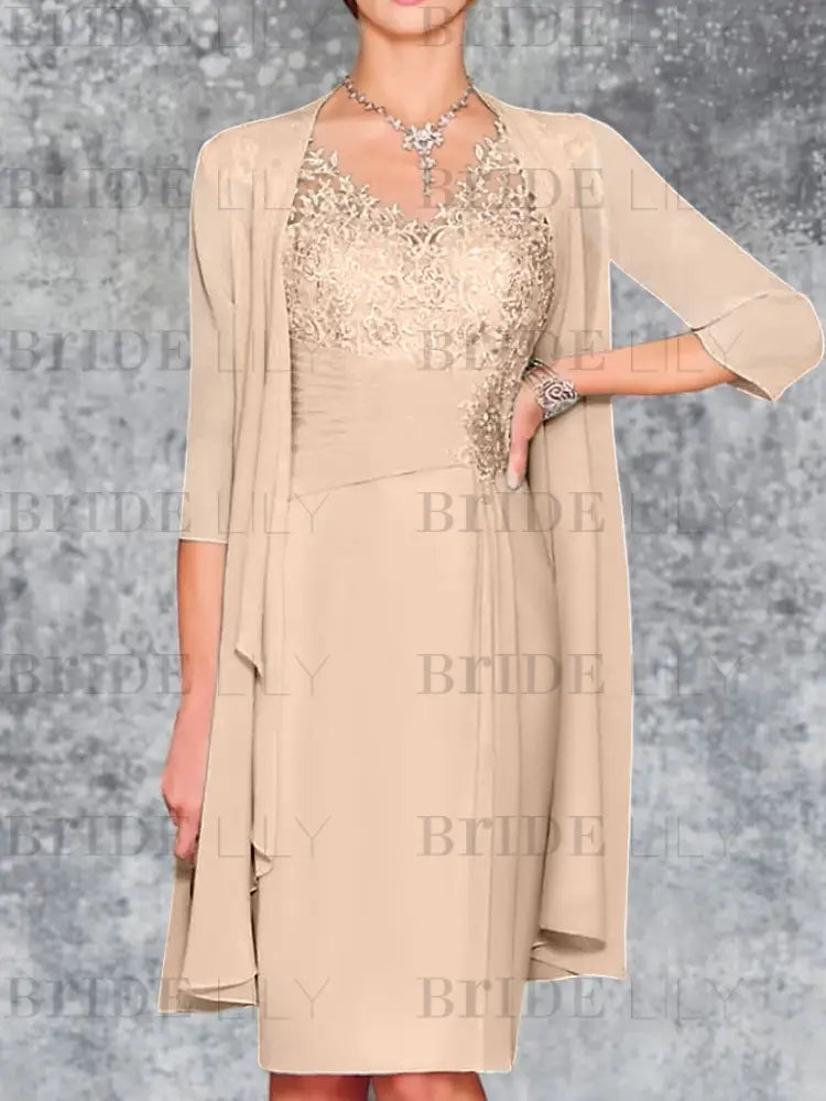 Two Piece Ruffle Chiffon Mother of the Bride Outfit Lace Short Wedding Guest Dress