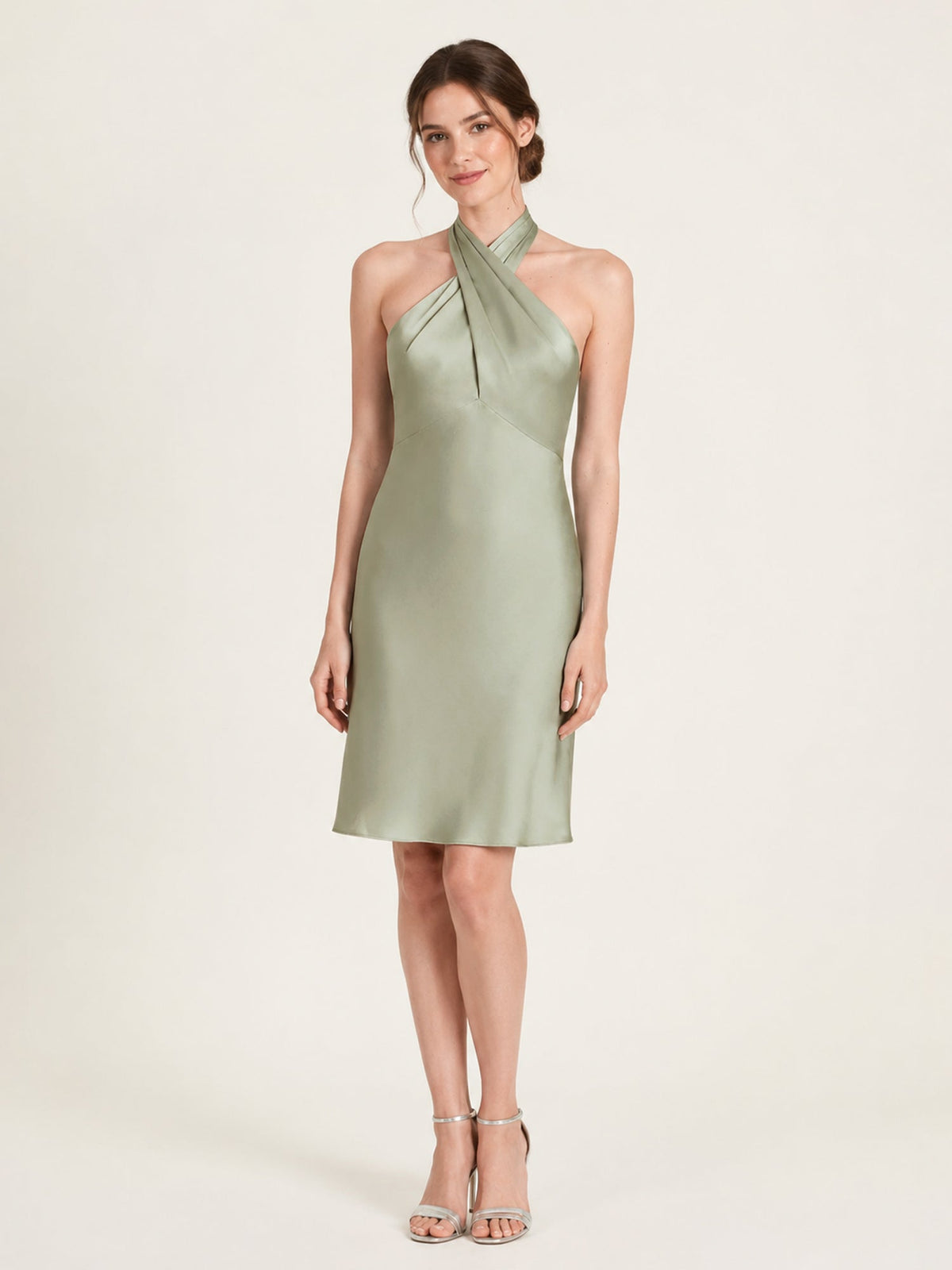 Knee-Length A-Line Satin Dress Featuring Open Back Dusty Sage