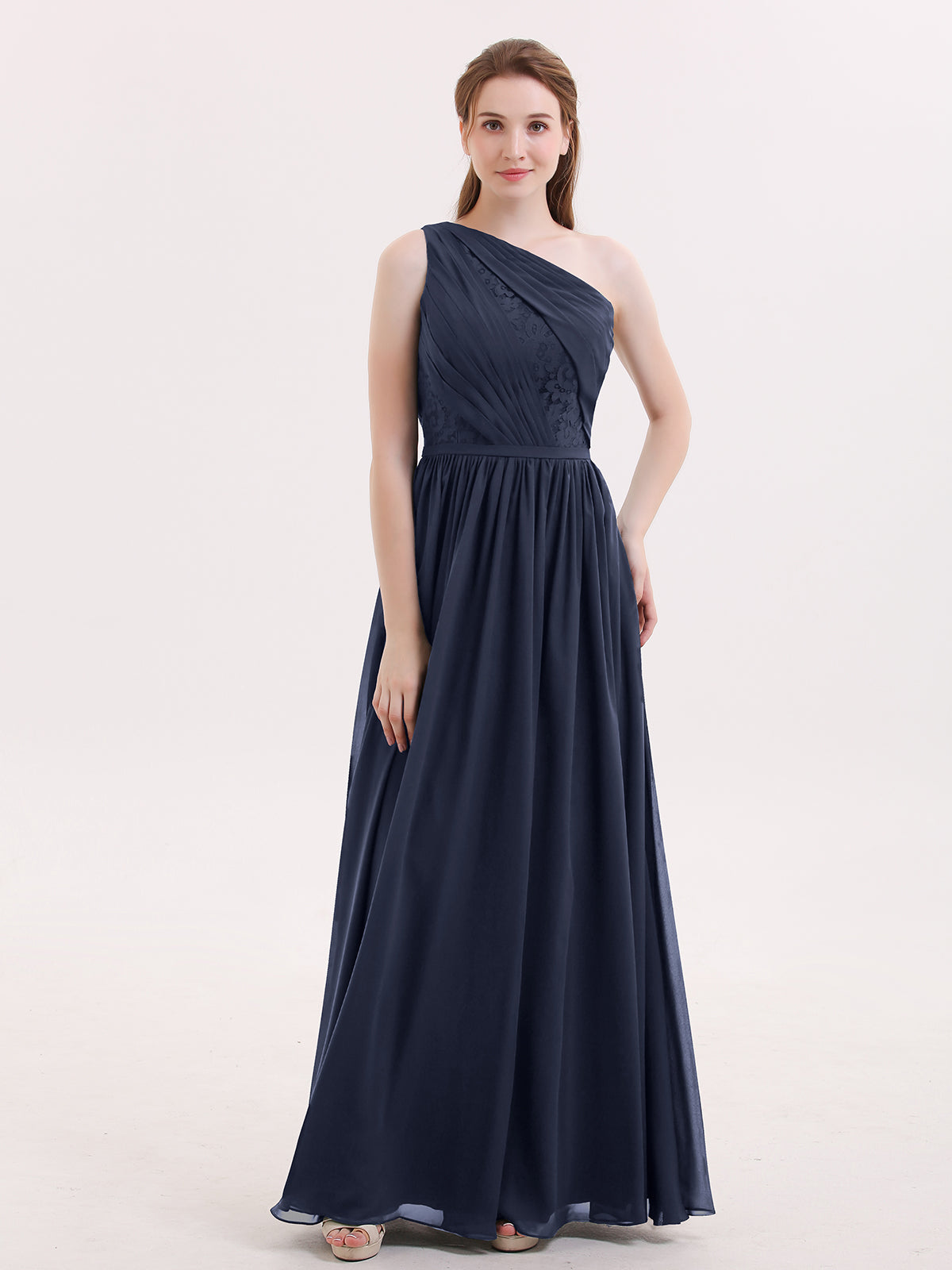 One Shoulder Chiffon and Lace Bridesmaid Dress-Dark Navy