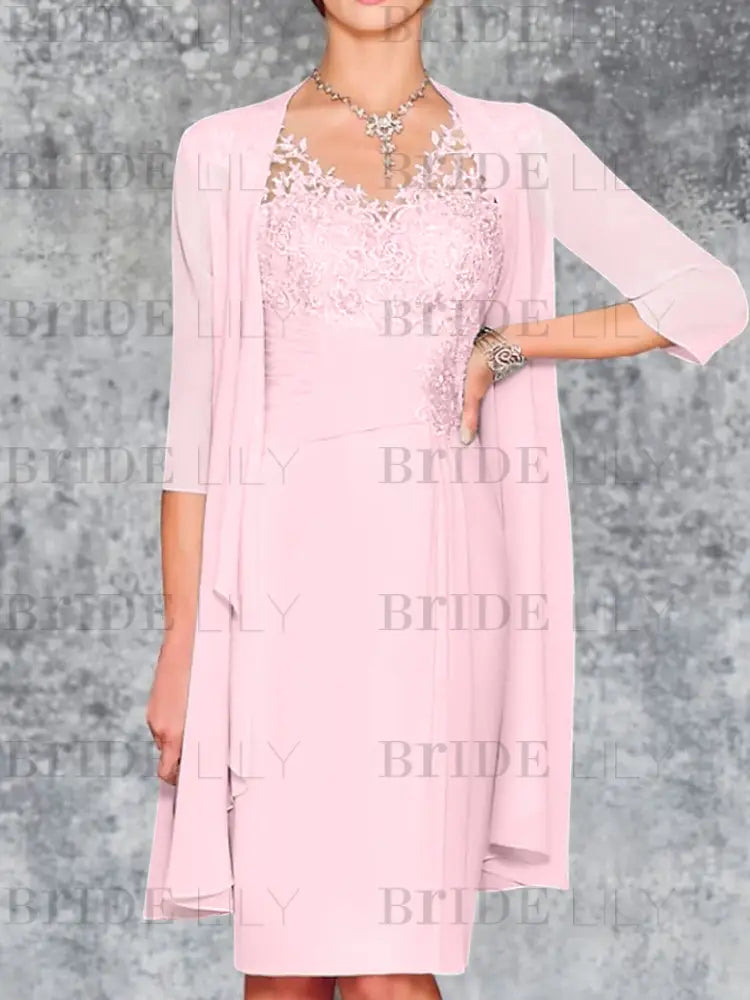 Two Piece Ruffle Chiffon Mother of the Bride Outfit Lace Short Wedding Guest Dress