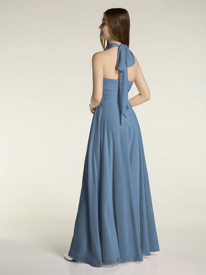 Illison High Neck Cross Bust Chiffon Dresses-Slate Blue