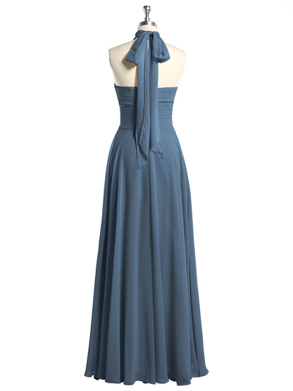 Illison High Neck Cross Bust Chiffon Dresses-Slate Blue