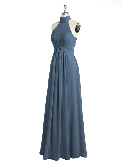 Illison High Neck Cross Bust Chiffon Dresses-Slate Blue