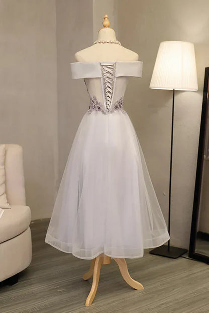 A Line Prom Dresses Boat Neck Tulle With Applique And Handmade Flowers Elegant Mother of the Bride Dress