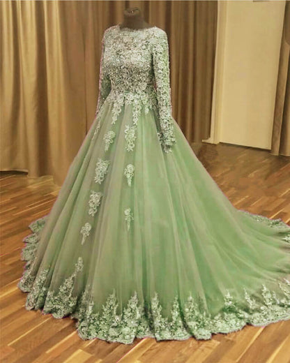 Modest Lace Sleeve Ball Gown Dress