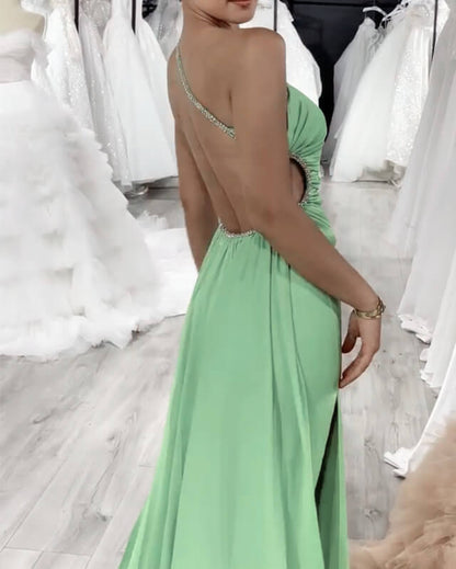 High Slit One Shoulder Open Back Satin Dress