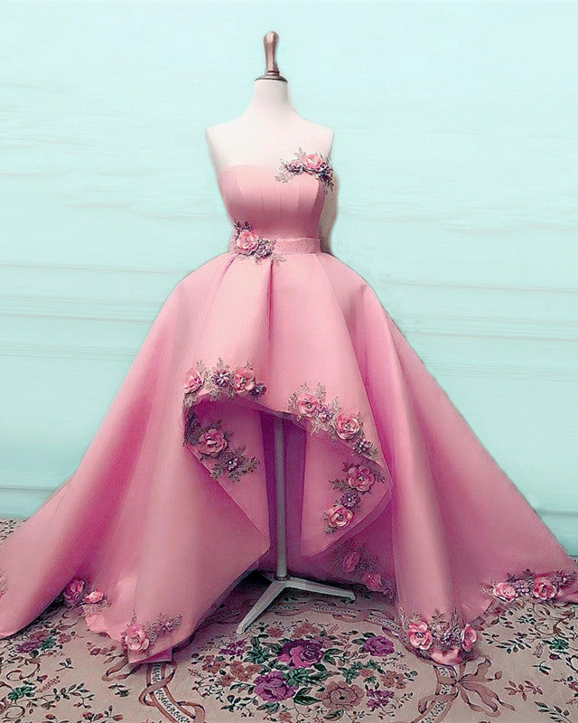 High Low Prom Dresses Organza Ruffles 3D Flowers Sweetheart