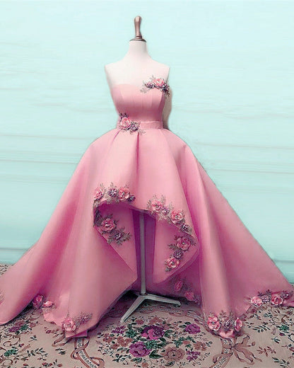 High Low Prom Dresses Organza Ruffles 3D Flowers Sweetheart