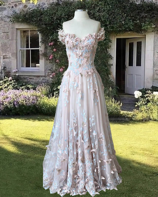 Pink A-line Butterfly Prom  Dress