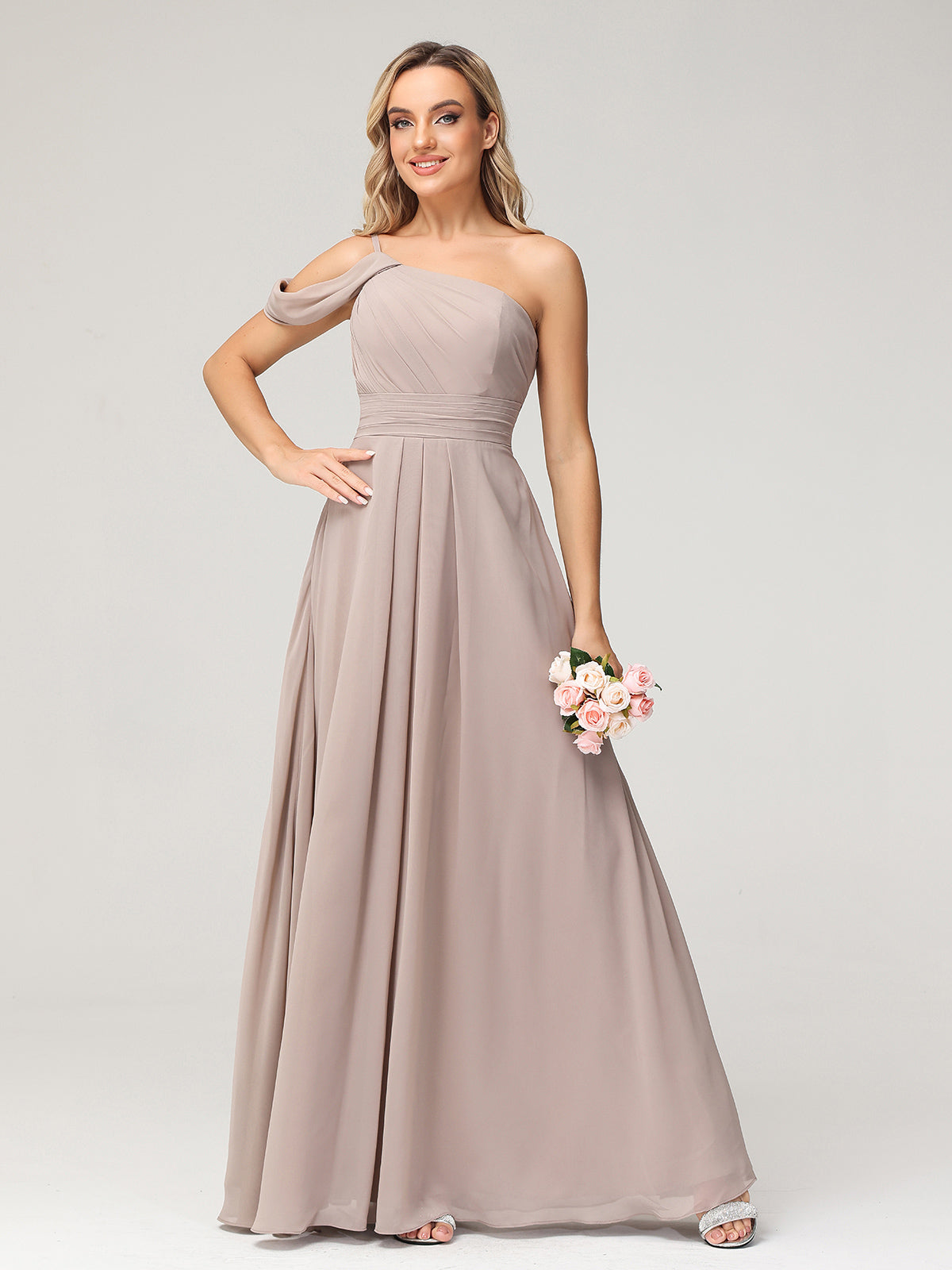 One Shoulder Chiffon Long Bridesmaid Gowns-Taupe