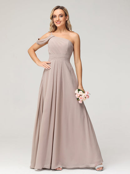 One Shoulder Chiffon Long Bridesmaid Gowns-Taupe