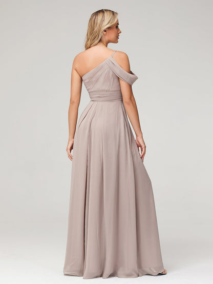 One Shoulder Chiffon Long Bridesmaid Gowns-Taupe