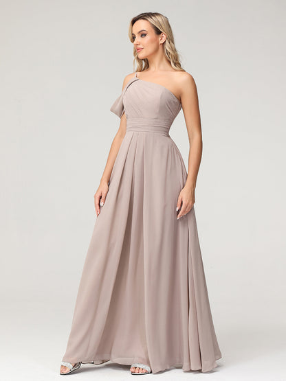 One Shoulder Chiffon Long Bridesmaid Gowns-Taupe