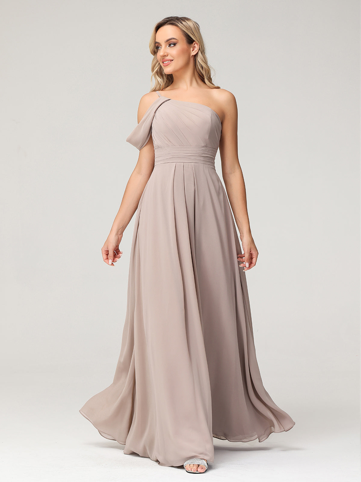One Shoulder Chiffon Long Bridesmaid Gowns-Taupe