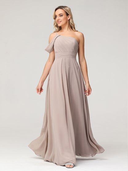One Shoulder Chiffon Long Bridesmaid Gowns-Taupe
